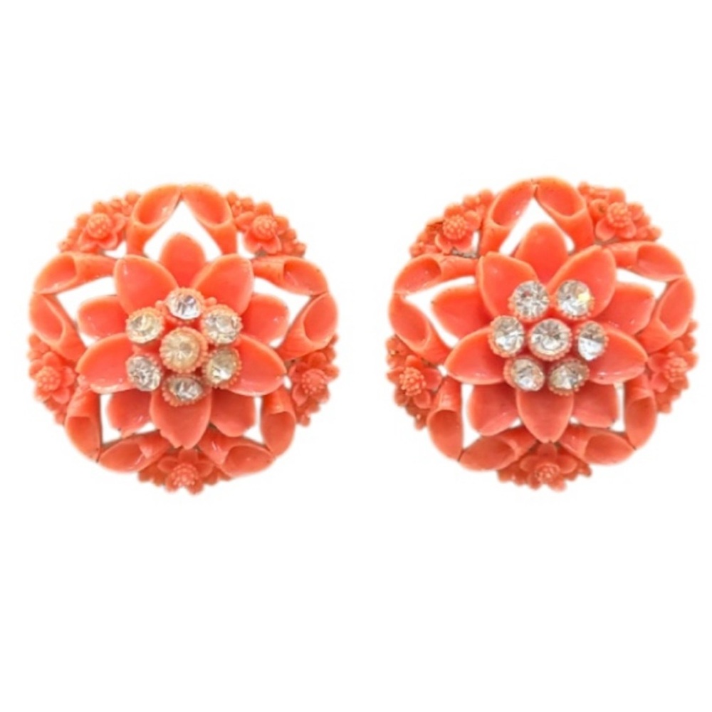 Vintage Earrings Clip On Coral Celluloid Flower Victorian MCM Vintage Jewelry - Picture 12 of 15